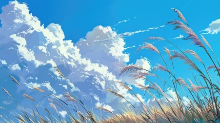 Fototapeta premium In the morning as winter approaches the bright blue sky is adorned with large white clouds swaying grass in the wind