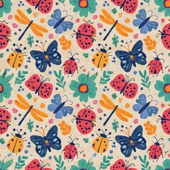 a playful pattern of various insects, such as ladybugs, bees, and dragonflies