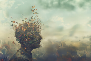 Illustration surréaliste profil humain se transformant en une envolée de papillons. Concept pour maladie Alzheimer, les souvenirs qui s'envolent et notre vie qui devient floue