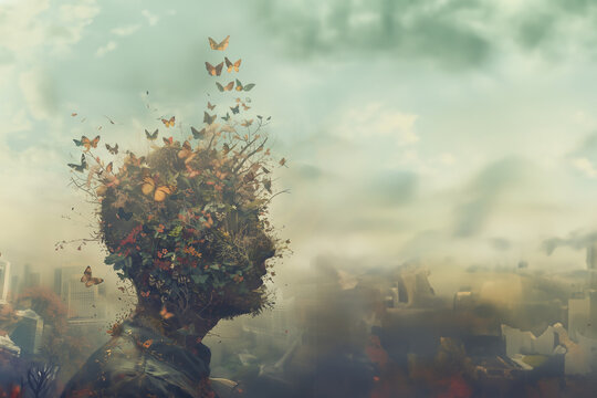 Illustration surr&eacute;aliste profil humain se transformant en une envol&eacute;e de papillons. Concept pour maladie Alzheimer, les souvenirs qui s'envolent et notre vie qui devient floue