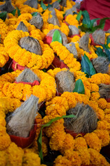 Kalash with coconut and mango leaf with floral decoration earthen pots containing sacred water....