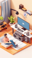 Naklejka premium Illustration isométrique en pâte à modeler 3D d'un homme enregistrant un podcast dans son salon avec tout son équipement audio visuel, 