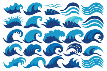 Set of Ocean and sea waves Silhouette Design with white Background and Vector Illustration on white background