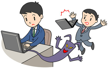 インターネットトラブルのイラスト - コンピュータウイルス感染・不正アクセス・サイバーテロ