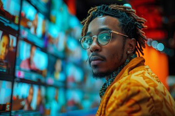 Obraz premium Businessman in glasses with digital screens
