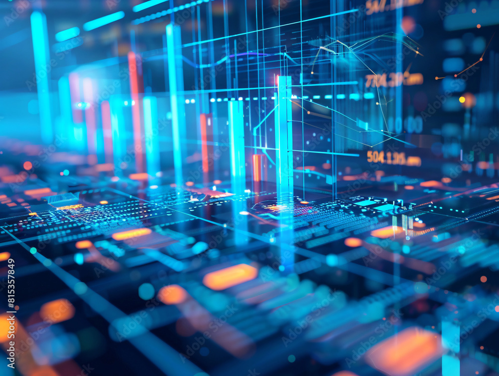 Aufkleber technicolor vision. blurry neon cityscape backdrop with illuminated blue and orange circuit board, s