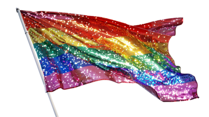 A vivid rainbow flag with glitter and pole for LGBT on a transparent background. Isolated decorating elements for Pride month background design.