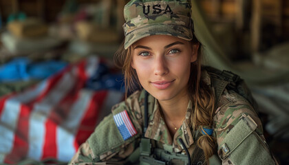 Fototapeta premium Military female soldier with the USA flag copy space background,generative ai