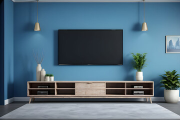 modern tv stand design with blue wall in the room decoration idea 3D rendering