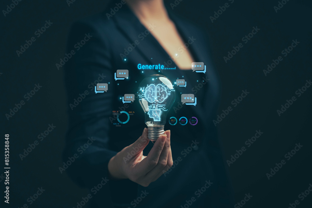 Poster chat with AI. Artificial intelligence. The concept of accessing imagination by feeding commands to Ai to create what is in our mind with futuristic technology through the Internet.