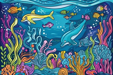 Cartoon cute doodles of a whimsical underwater world bustling with marine life, including vibrant coral reefs, schools of fish, playful dolphins, Generative AI