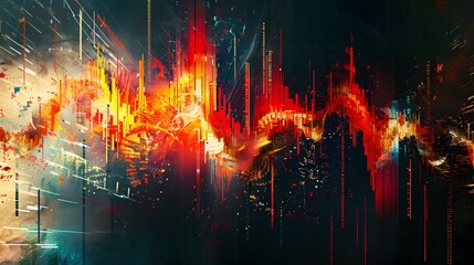 Naklejka premium Abstract digital art of a financial chart in freefall, capturing the essence of economic crash and business failure, with contrasting colors and pixelated effects