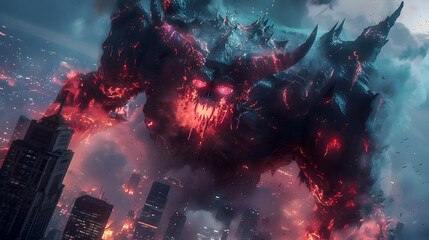 Obraz premium Demonic Entity Rampaging Through Futuristic Dystopian Cityscape with Streams of Energy and Fire
