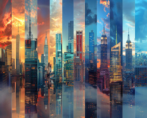 Capture the essence of contemporary urban development through a dynamic montage of buildings rear perspectives Showcase the bold, progressive architectural styles that redefine city skylines
