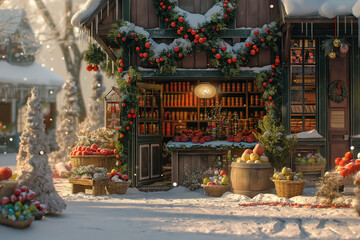 A cozy winter scene with a snow-covered cabin and a decorated Christmas tree.