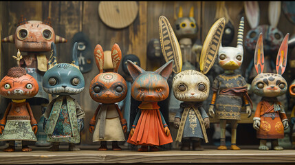 A group of 7 strange animal dolls with big heads and tiny bodies stand on a wooden shelf against a wooden background.