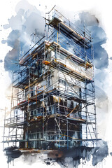 Detailed Watercolor Rendering of Secure Scaffolding Construction and Precise Asphalt Paving with Prime Effects