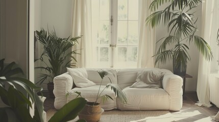Naklejka premium Great as Interior Furniture Design Inspiration Minimal Modern Elegant Neutral Cozy White Scandinavian Living Room with Sofa and Plants Soft Earthy Colors 