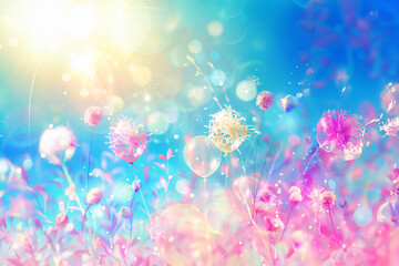joie, fleurs de pissenlit, dandelion,  s'envolant avec des ballons baudruches transparent, par une belle journée ensoleillée. Fond très coloré, background, ressource graphique pour fête joie en été, 