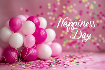 20 mars, journée internationale du bonheur. Texte blanc, en anglais "Happiness day", avec des confettis et des ballons baudruches roses et blancs sur un fond rose
