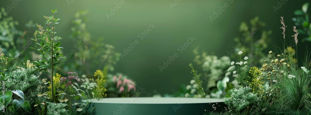 Poster 3d render, abstract green background with geometric platform for product presentation