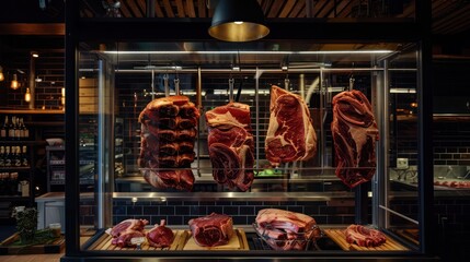 An inviting butchery window exhibiting an assortment of fresh, premium cuts of meat, showcasing quality and craft