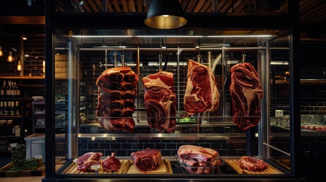 An inviting butchery window exhibiting an assortment of fresh, premium cuts of meat, showcasing quality and craft
