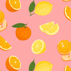 Summer bright seamless pattern with fruits. Juicy citrus pattern. Trendy ornament for textile, wrapping paper, notebook design or wallpaper. Vector illustration isolated on a color background.