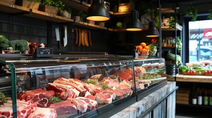 Crisp image of a contemporary meat department in a supermarket with organized displays and well-lit setting