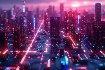 Futuristic city governed by AI, neon pink and blue lights, close up on a smart building facade, vivid colors, Double exposure silhouette with a neural network