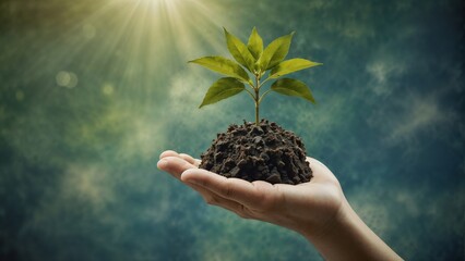 Obraz premium Human hands holding a green tree growing on the ground with sunlight. with blurred background. Earth day concept