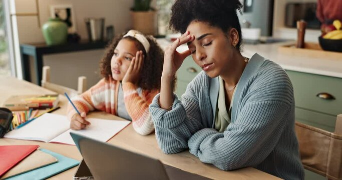 Mother, girl and tired with homework or laptop for remote job, headache and exhausted with stress for school work research. Mom, child and writing in home with migraine of fatigue, tension and online