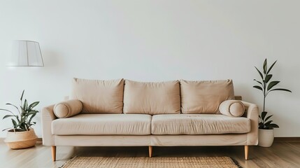 Naklejka premium Great as Interior Furniture Design Inspiration Minimal Modern Elegant Neutral Cozy White Scandinavian Living Room with Sofa and Plants Soft Earthy Colors