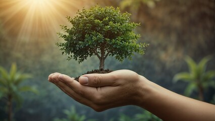 Human hands holding a green tree growing on the ground with sunlight. with blurred background. Earth day concept