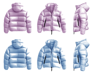 2 Set of pastel light blue purple Down puffer padded quilted hoodie hooded parka jacket, front back side view on transparent cutout PNG file. Mockup template for artwork design