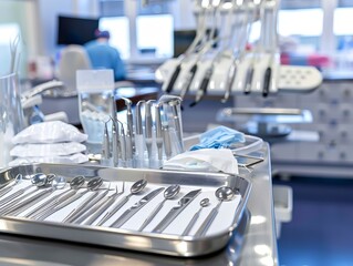 Sterile dental instruments arranged neatly on a tray in a high-tech office