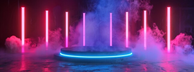 3d rendering of an empty podium surrounded by neon lights and smoke in dark room background. Scene for product display presentation
