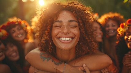 a group hug, close-up of several people embracing, details of smiling faces and interlocked arms,generative ai
