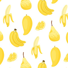 Summer bright seamless pattern with fruits. Juicy fruit pattern. Trendy ornament for textile, wrapping paper, notebook design or wallpaper. Vector illustration isolated on a transparent background.