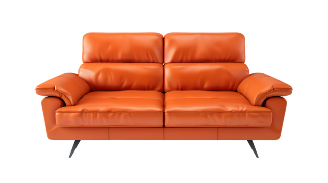two seat orange color leather sofa isolated on transparent background