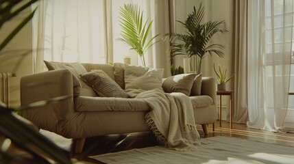 Great as Interior Furniture Design Inspiration Minimal Modern Elegant Neutral Cozy White Scandinavian Living Room with Sofa and Plants Soft Earthy Colors