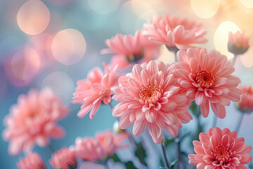 A closeup of delicate pink chrysanthemums, their petals glowing in the soft morning light, creating an enchanting and serene atmosphere. Created with Ai