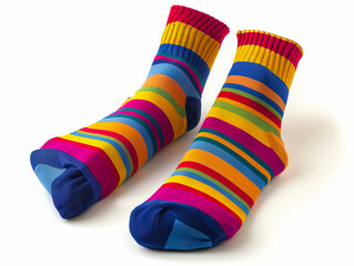 A pair of colorful socks with stripes on them.