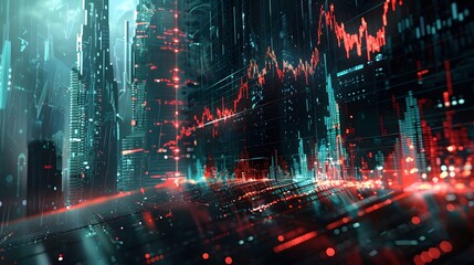 Digital illustration of a stock market graph in sharp decline, representing bankruptcy and financial crisis, with futuristic elements and a dark, cyberpunk aesthetic