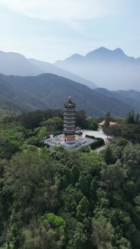 Aerial view of Pa Cien Pagoda with Ita thao pier background in Nantou