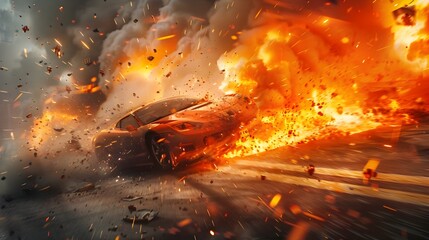 Dramatic Depiction of Catastrophic Car Crash with Fiery Explosions and Billowing Smoke Intense and Chaotic Scene Ideal for Action Content