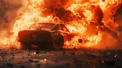 Dramatic depiction of a massive car crash with fiery explosions and billowing smoke an intense and chaotic scene perfect for action oriented content