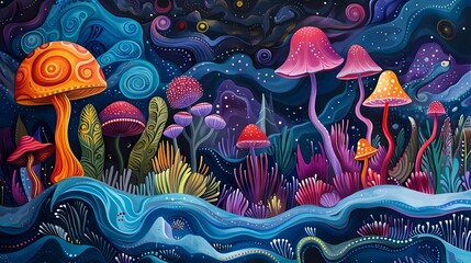 Enchanting Mushroom Forest of Surreal and Vibrant Psychedelic Dreamscape