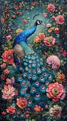 Enchanting Peacock in a Lush Floral Fantasy Landscape