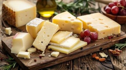 Variety of gourmet cheeses elegantly presented on a rustic wooden board with nuts and grapes